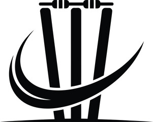 Black silhouette of cricket stumps and bails with a sweeping curved line representing a ball in motion silhouette