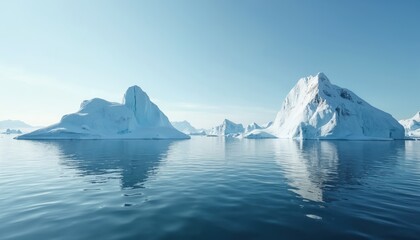 Majestic icebergs drift on calm, blue ocean waters under clear sky. Massive white glaciers reflect in sea, serene arctic antarctic nature. Solitary icy formations create pristine wilderness landscape.