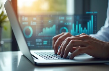 Businessman hand uses laptop with real estate graphics. Office environment, daytime. Focus on property management, market analysis, financial investment, housing market trends, architectural design,