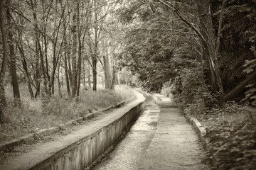Obraz premium A small river in the city is enclosed in a concrete channel, flows through a beautiful park, the background of the photo is blurred.