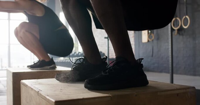 Diverse workout partners springing from low squat into plyo box jumps in gym, building leg strength