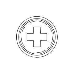 Obraz premium Simple black outline of a medical cross symbol within a circular border, representing healthcare and medicine.