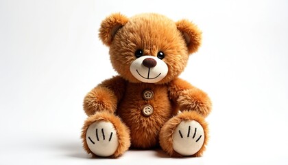 Obraz premium Fluffy brown teddy bear sits patiently. Soft plush toy with classic button detail, stitched paws. Perfect gift for children, symbolizing childhood, comfort, love. Isolated on pure white background.