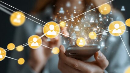 Woman using smartphone with social media and networking icons in a digital environment for online interaction - Powered by Adobe