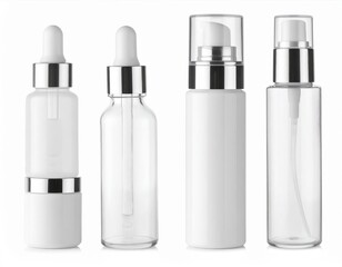 Various Cosmetic Bottles In White And Clear On White Background Display