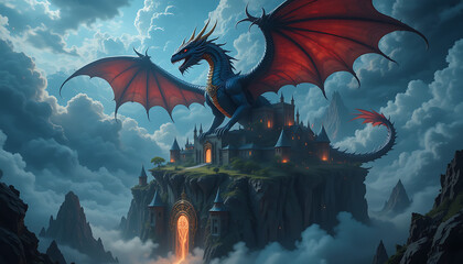 A dragon perched atop a castle on a floating island surrounded by clouds with a fiery portal below it