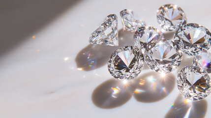 Minimalist flat lay of loose cut diamonds scattered on white marble surface
