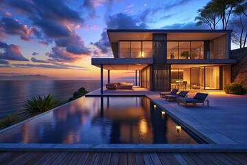 Obraz premium Modern luxury villa with infinity pool at sunset