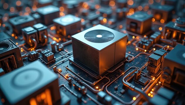 Close-up abstract of modern HVAC system components with intricate design. Sophisticated engineering showcases technological network of integrated cooling and heating units.