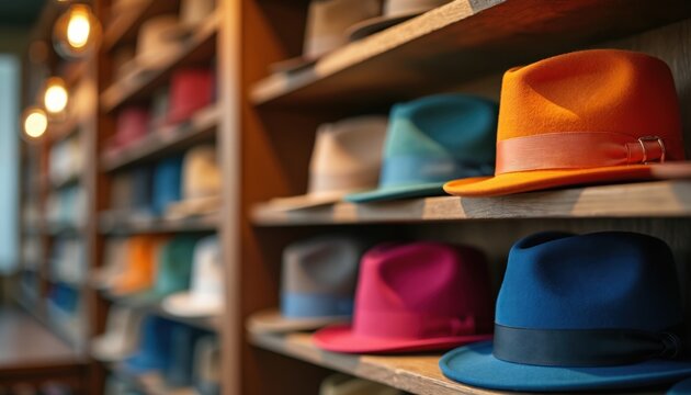 Collection of stylish fedora hats displayed on wooden shelves. Variety of colors including orange, teal, pink, blue. Tailored for diverse personalities, fashion tastes. Perfect for shops, boutiques,