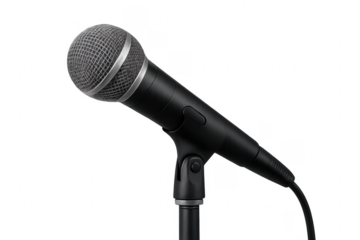 Black microphone on stand with transparent background
