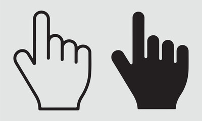 Two hand cursor icons one outlined and one filled in black on a white background in a simple style