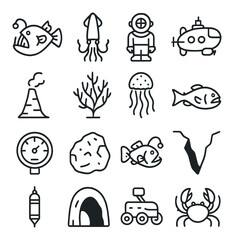 Fototapeta premium Underwater exploration silhouette icon set: fish, diver, submarine, volcano, jellyfish, coral, crab, rover, cave