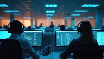Nighttime view of call center employees wearing earphones, focused on computer screens in dimly lit office. Rows of cubicles suggest large operational team working with technology, communication,
