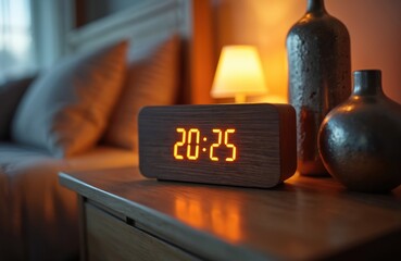 Modern digital alarm clock with orange illuminated numbers sits on wooden nightstand. Warm ambient light from bedside lamp creates cozy atmosphere in bedroom. Features elegant simplicity, perfect for