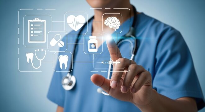 Doctor interacting with a futuristic digital medical interface displaying health icons and information, representing advanced healthcare technology and patient care