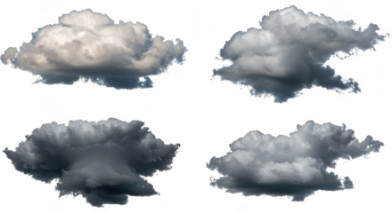 Photo of a collection of four cloud illustrations isolated on transparent background, showcasing various shapes and atmospheric conditions