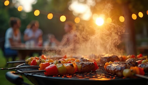 Backyard barbecue scene with grilled meat, vegetables on skewers under warm string lights. Friends, family gather for summer evening party, enjoying food, conversation. Smoky grill, festive ambiance,