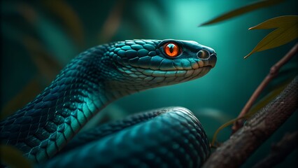 Fototapeta premium Intense Close-up of a Teal Snake with Glowing Red Eyes in Lush Tropical Foliage.