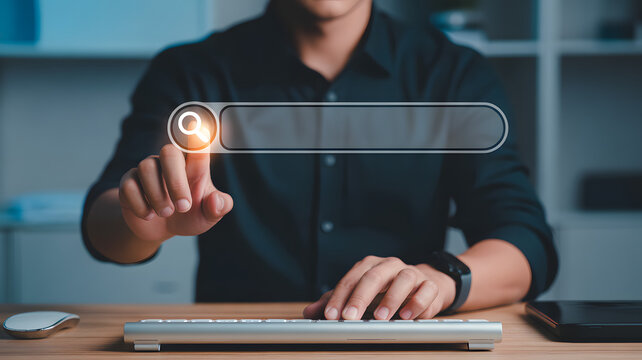 Digital Search: A person interacts with a digital search bar, symbolizing the pursuit of knowledge, information, and the power of the internet in a modern, technology-driven world.