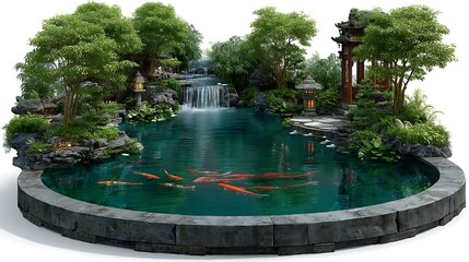 Japanese garden pond with tranquil waterfall high resolution photo