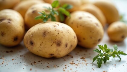 Russet potatoes, fresh from farm, display earthy texture, natural blemishes. Tubers perfect for cooking, offering versatile ingredient for delicious meals. Healthy whole food option, rich in