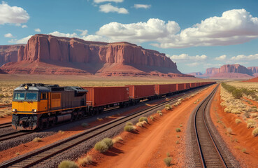Fototapeta premium Long freight train travels on railway tracks through desert landscape with sandstone mesas. Yellow locomotive pulls red cargo containers under blue sky with white clouds. Transportation, logistics,
