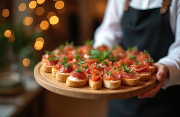 Delicious canapes arranged on wooden board. Festive banquet service offers catering buffet food for reception events. Finger foods appetizer assortment. Tasty small snacks, ideal for party lunch,