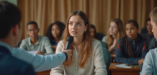 Student speaks into microphone at school parliament. Teenagers debate and voice opinions during education session. Teacher facilitates civic engagement, empowering youth participation in democracy.