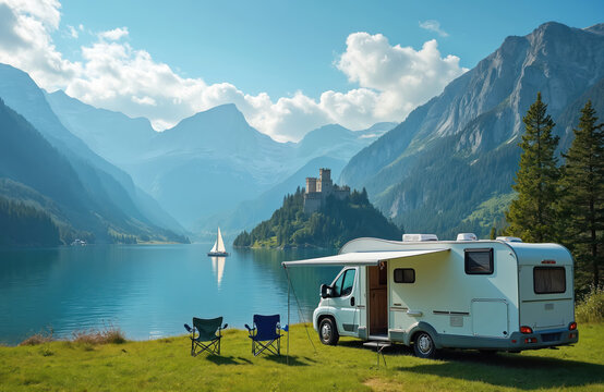 Motorhome camping by serene mountain lake with sailboat. Two chairs set on grassy shore near recreational vehicle. Majestic Alps landscape, tranquil water, clear blue sky with clouds.