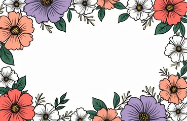Elegant floral doodle frame with vibrant purple, coral, and white flowers, green leaves. Hand-drawn line art border suitable for wedding invitations, greeting cards, spring and summer events.