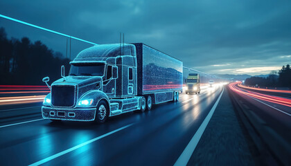 Futuristic AI system optimizes fleet management with vehicle performance analysis, traffic conditions, maintenance schedules. Enhances efficiency through advanced tech platform, data tracking, smart