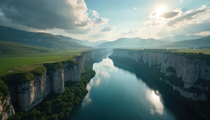 Aerial view of river carving through majestic cliffs and rolling hills. Blue water reflects sunlight and clouds. Rich green fields top steep rock formations. Croatia travel destination.