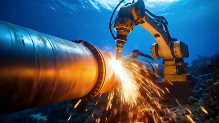 Cutting-edge robotic arm precisely welds a vital underwater pipeline, showcasing advanced deep-sea industrial technology and the fiery sparks of engineering innovation for crucial infrastructure.