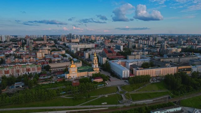 Aerial top view panorama city Perm and Kama river Russia, sunset summer day.