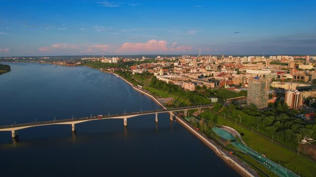 Aerial top view panorama city Perm and Kama river Russia, sunset summer day.