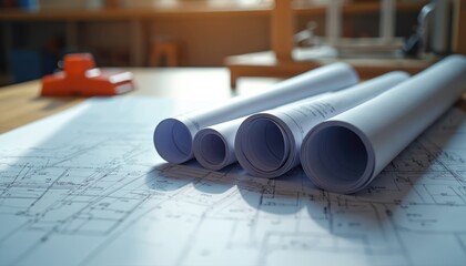 Engineering industry construction architecture design blueprint on table. Rolled up plans, technical drawings, drafting documents suggest project planning, development in architectural business