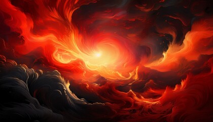 Fototapeta premium abstract fiery red and black landscape blurred dynamic swirling cloudscape with a glowing center