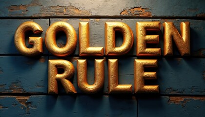 Golden Rule typography design on rustic wooden background. Bold, three-dimensional gold letters convey powerful message with warm, natural tones, textured depth. Ideal for inspirational quotes, life