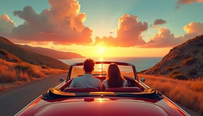 Couple enjoys sunset ocean view during road trip in red vintage convertible car. Scenic drive along coastal road with mountains. Summer vacation adventure, romantic journey, summer travel vibes.