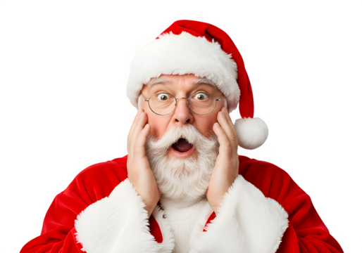 Surprised Santa Claus with open mouth and glasses on white background  isolate
