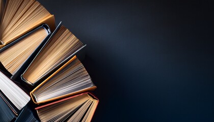horizontal image of a top view of a stack of books dark background with copy space for text world book day concept for banner design cover thumbnail social media business linkedin presentat