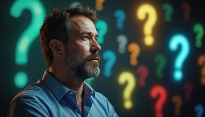 Man with beard thinks deeply, surrounded by colorful floating question marks. Looks contemplative, searching for answers ideas. Visualization represents confusion, curiosity, human mind analytical