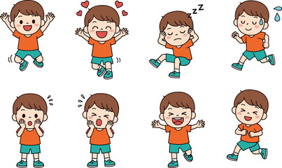 Flat vector illustration depicting a little boy in an orange shirt showcasing three different thought processes: questioning, deep thinking with gears, and having a bright idea with a lightbulb.