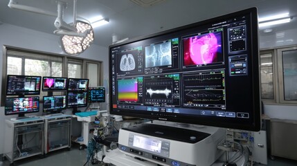 Multiple monitors in sterile operating room display complex medical data, including brain scans MRI or CT, patient vital signs, surgical video feeds, highlighting advanced neurosurgical technology