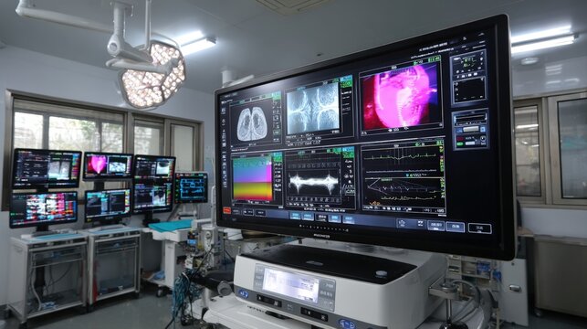 Multiple monitors in sterile operating room display complex medical data, including brain scans MRI or CT, patient vital signs, surgical video feeds, highlighting advanced neurosurgical technology