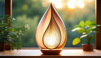 modern abstract teardrop shaped lamp with warm glowing light on wooden base by window with blurred green plants outside