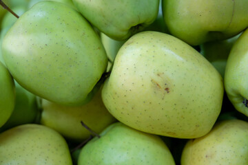 Many ripe red, green apples. Sale of apples at the market and store. Background. Top view. Concept sale at the market and store. Farm products.