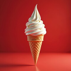 Vanilla soft serve ice cream cone floats on vibrant red background. Creamy white swirls of frozen dessert in crisp waffle cone create delicious summer treat. Simple, clean composition highlights