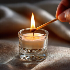 A hand lights a candle with a match, creating a warm glow against a soft background, evoking a cozy atmosphere.